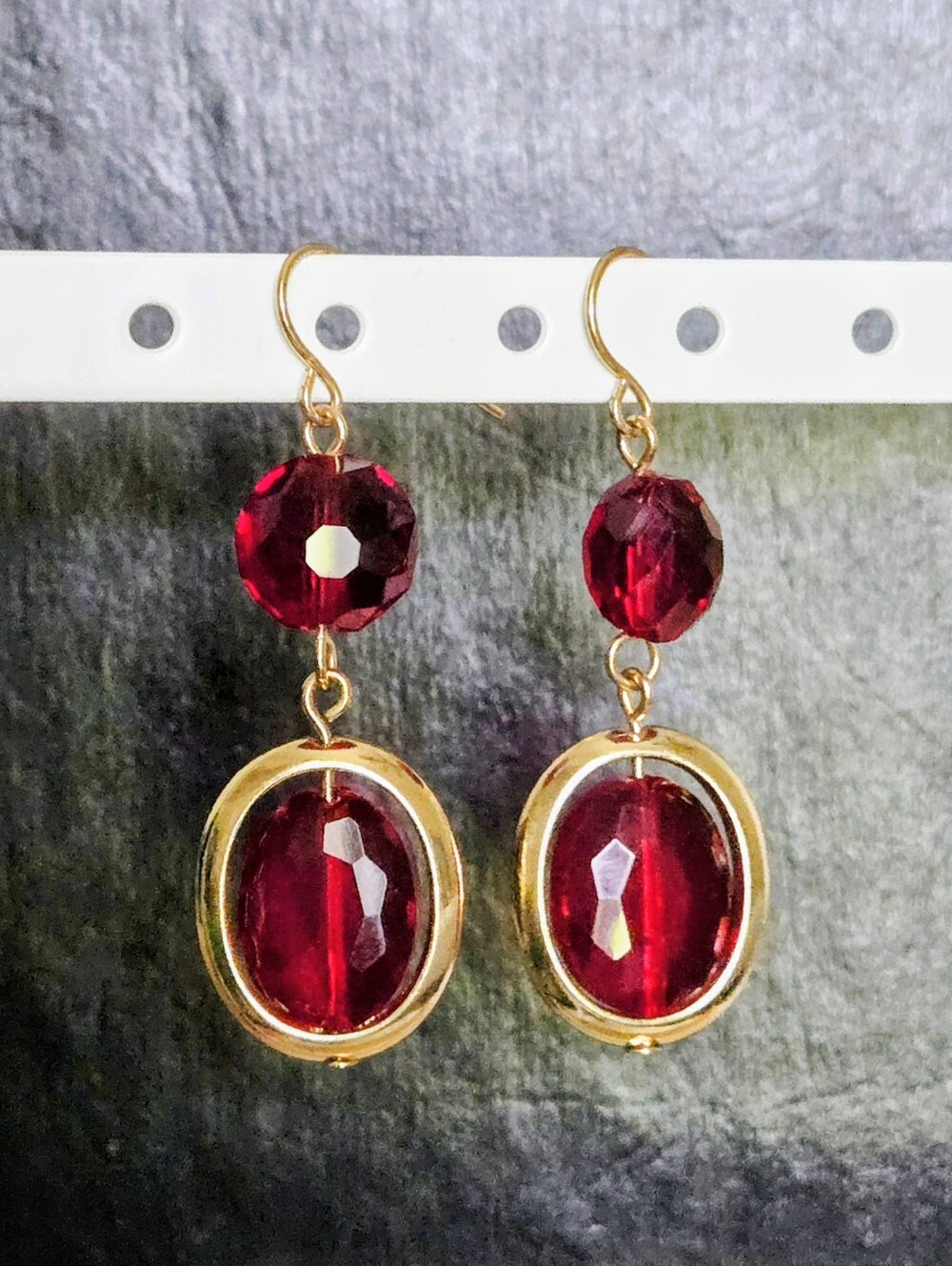 Vintage Gold-Tone Earrings with Rose Red Faceted Stones